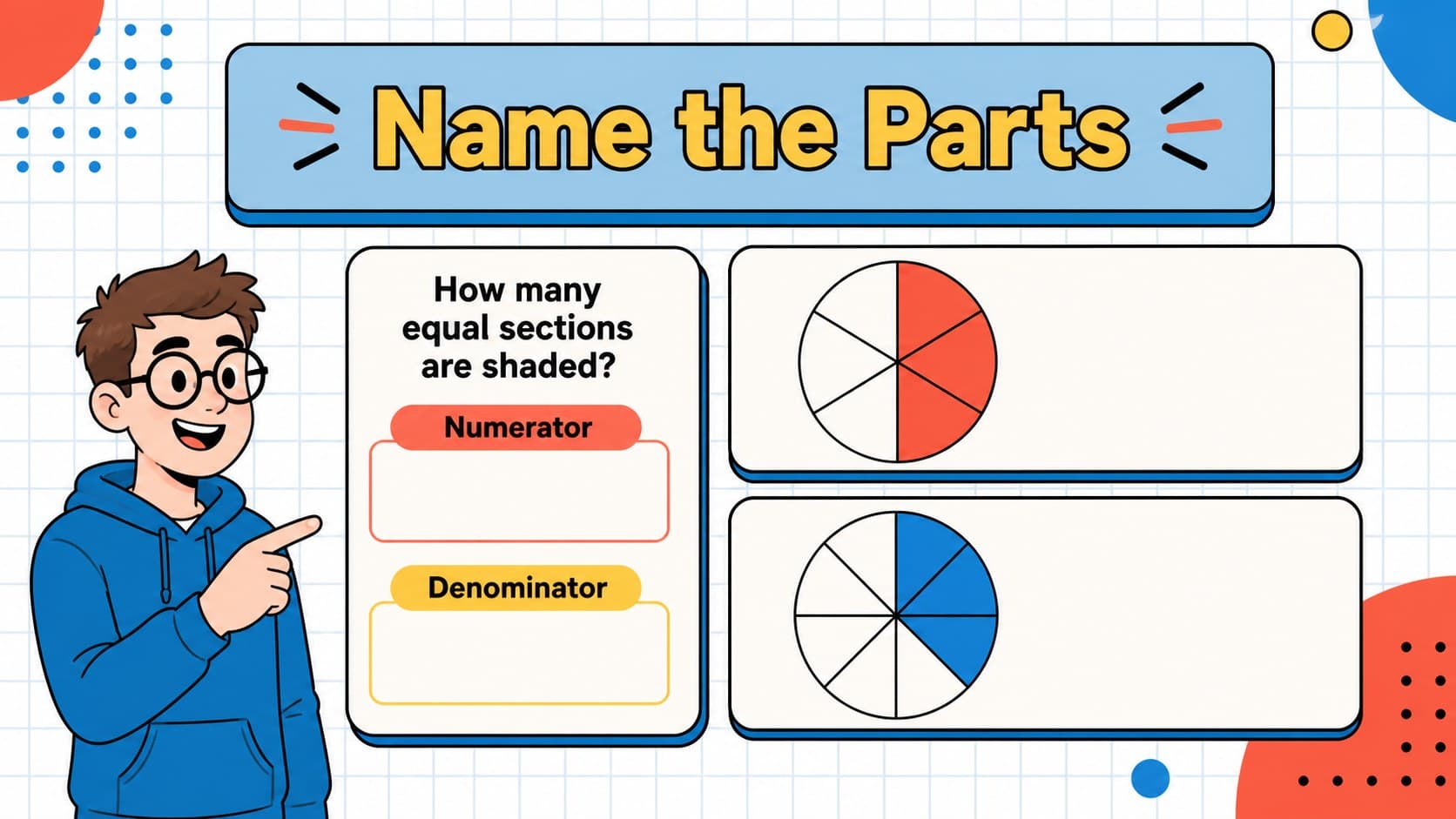Fraction practice slides layout showing shaded geometric parts and a short learner prompt.