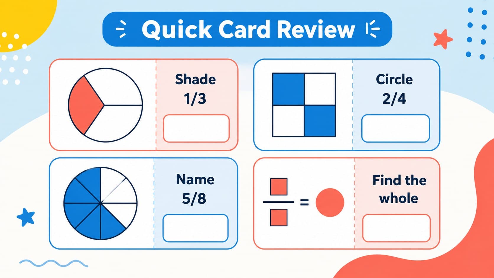 Printable fraction flashcards layout with bold question-and-answer panels for independent study.