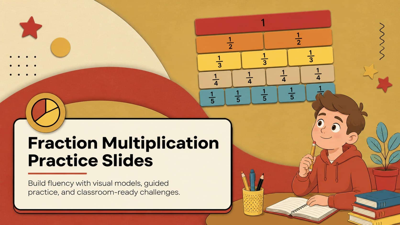 Cover for Fraction Multiplication Practice Slides in a warm red, gold, and pastel retro classroom style.