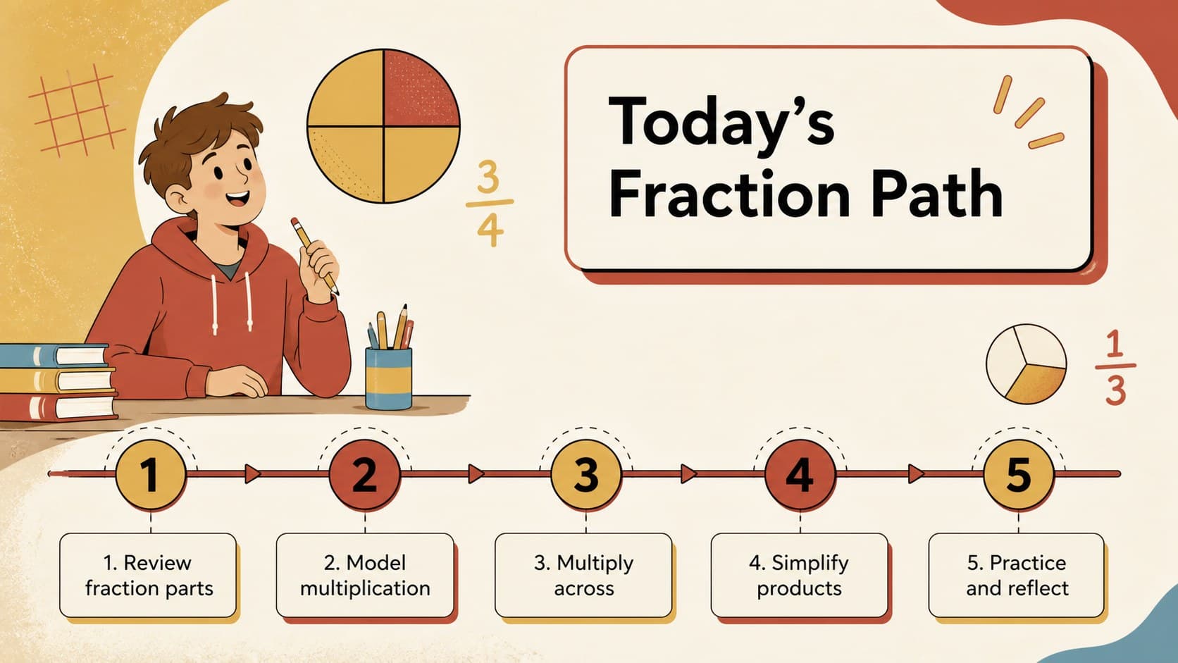 Middle school fraction multiplication lesson roadmap with five learning stages and illustrated math symbols.