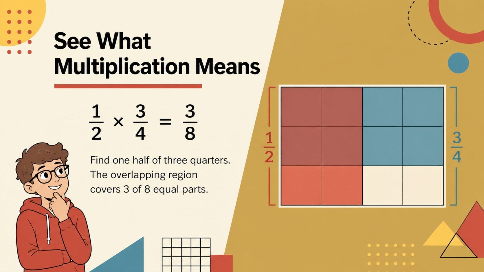 Visual fraction multiplication activity showing one half of three quarters with an overlapping area model.