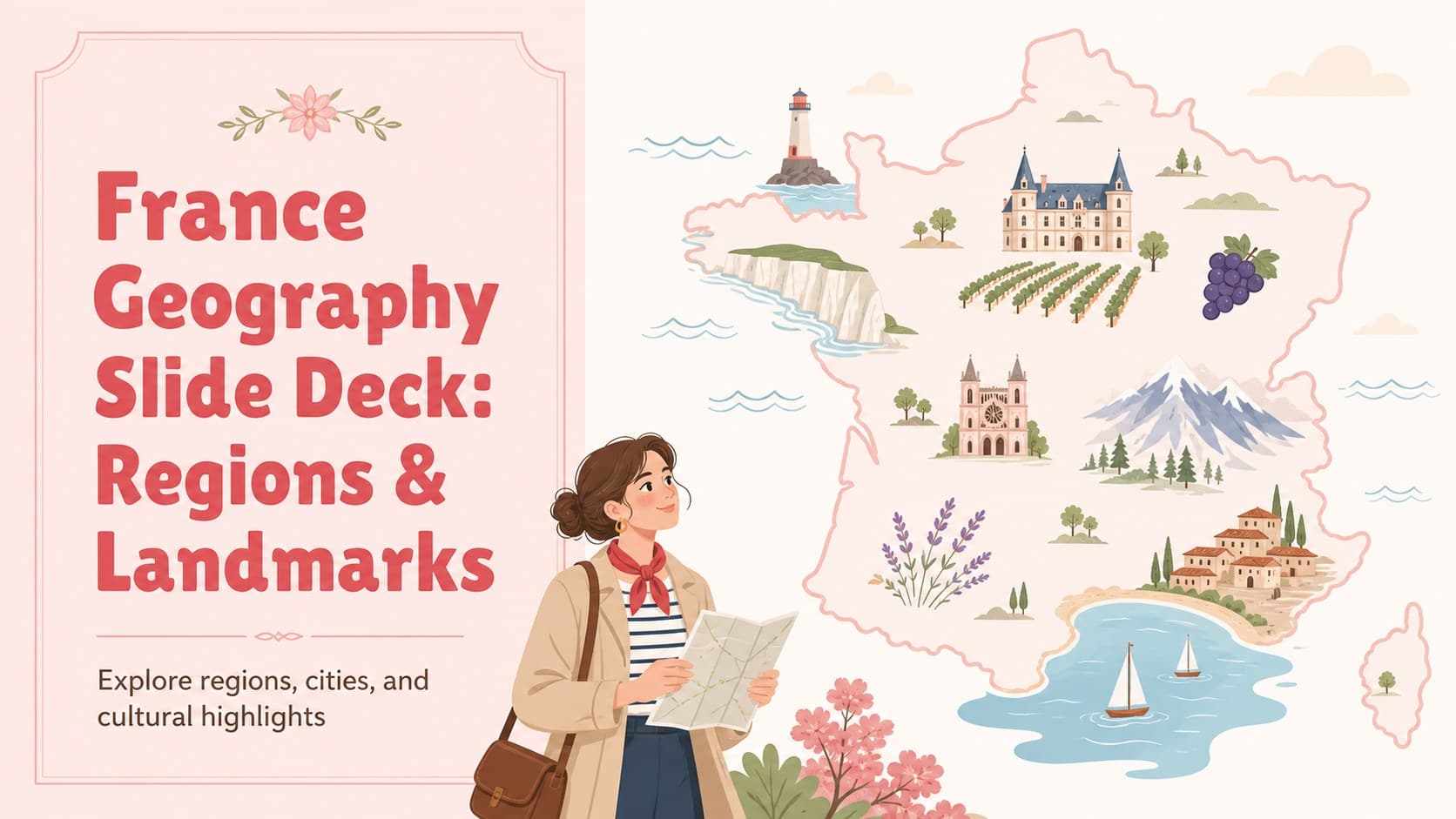 Cover slide for a france geography slide deck with a playful illustrated map, regional accents, and pastel pink details.
