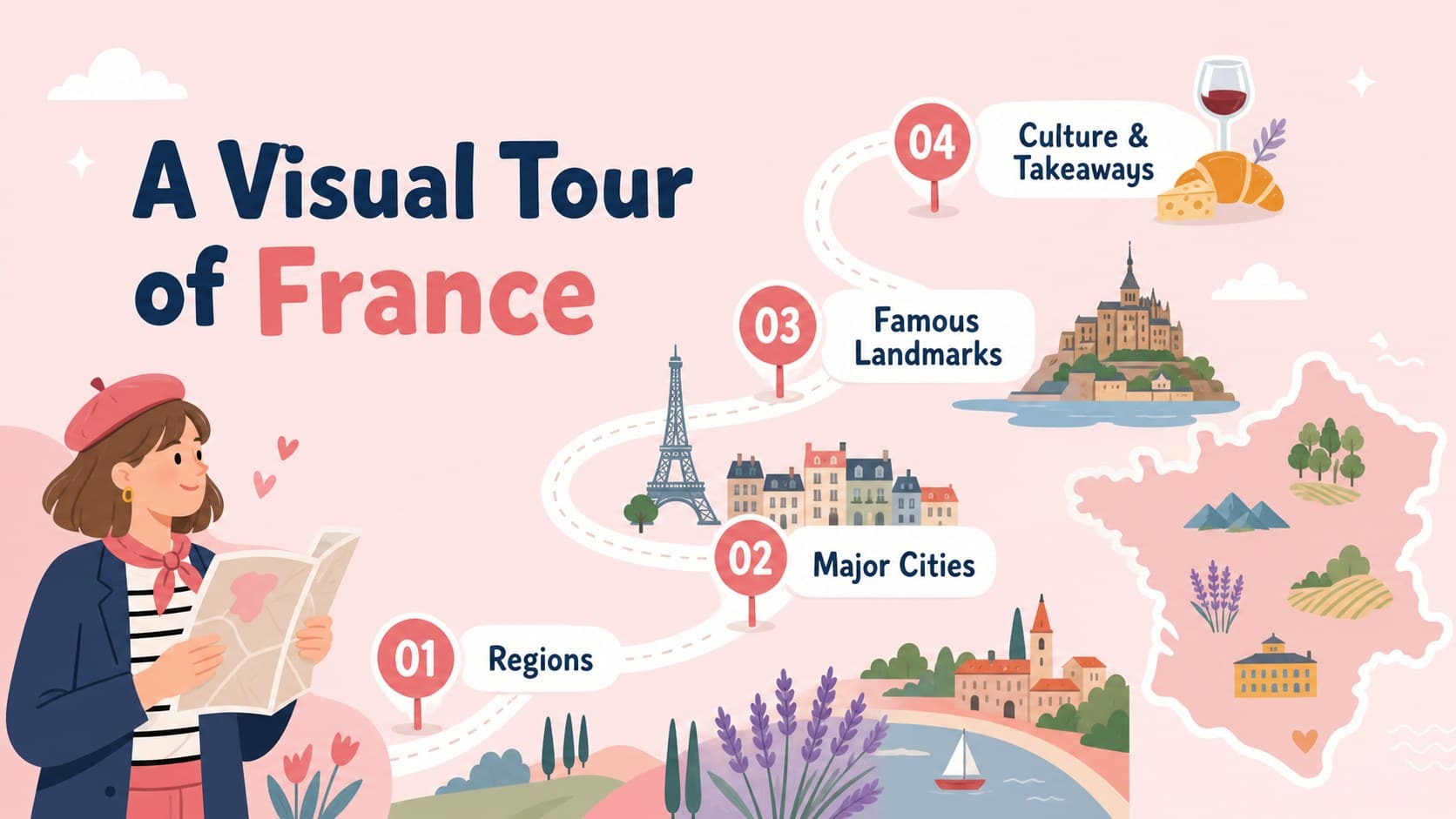 Agenda slide outlining a visual journey through French regions, cities, landmarks, and cultural themes.