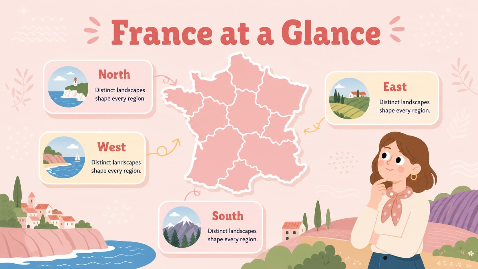 Regional overview slide showing a stylized map of France with labeled geographic areas.