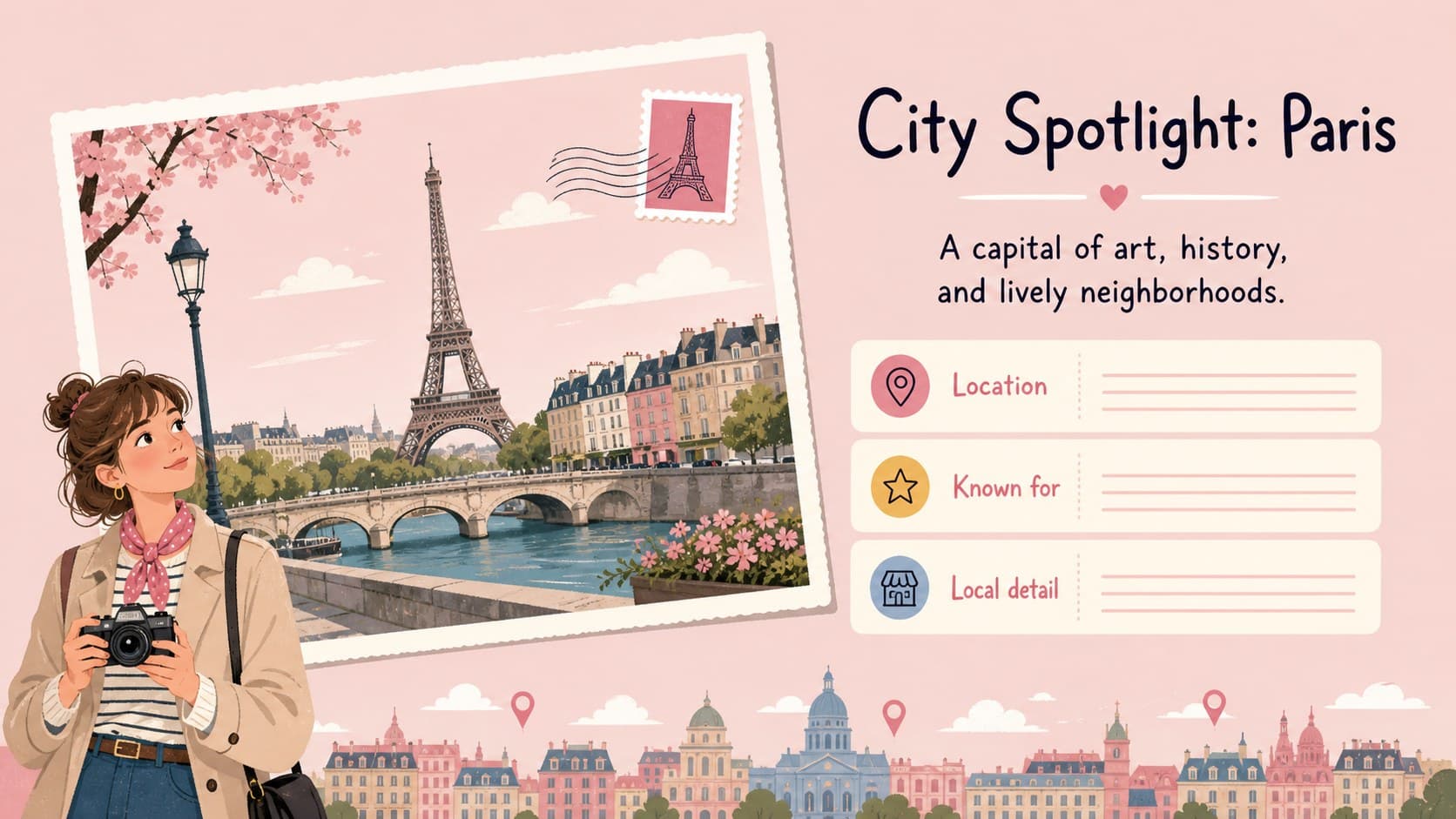 City spotlight slide featuring Paris and other French urban centers with editable fact areas.