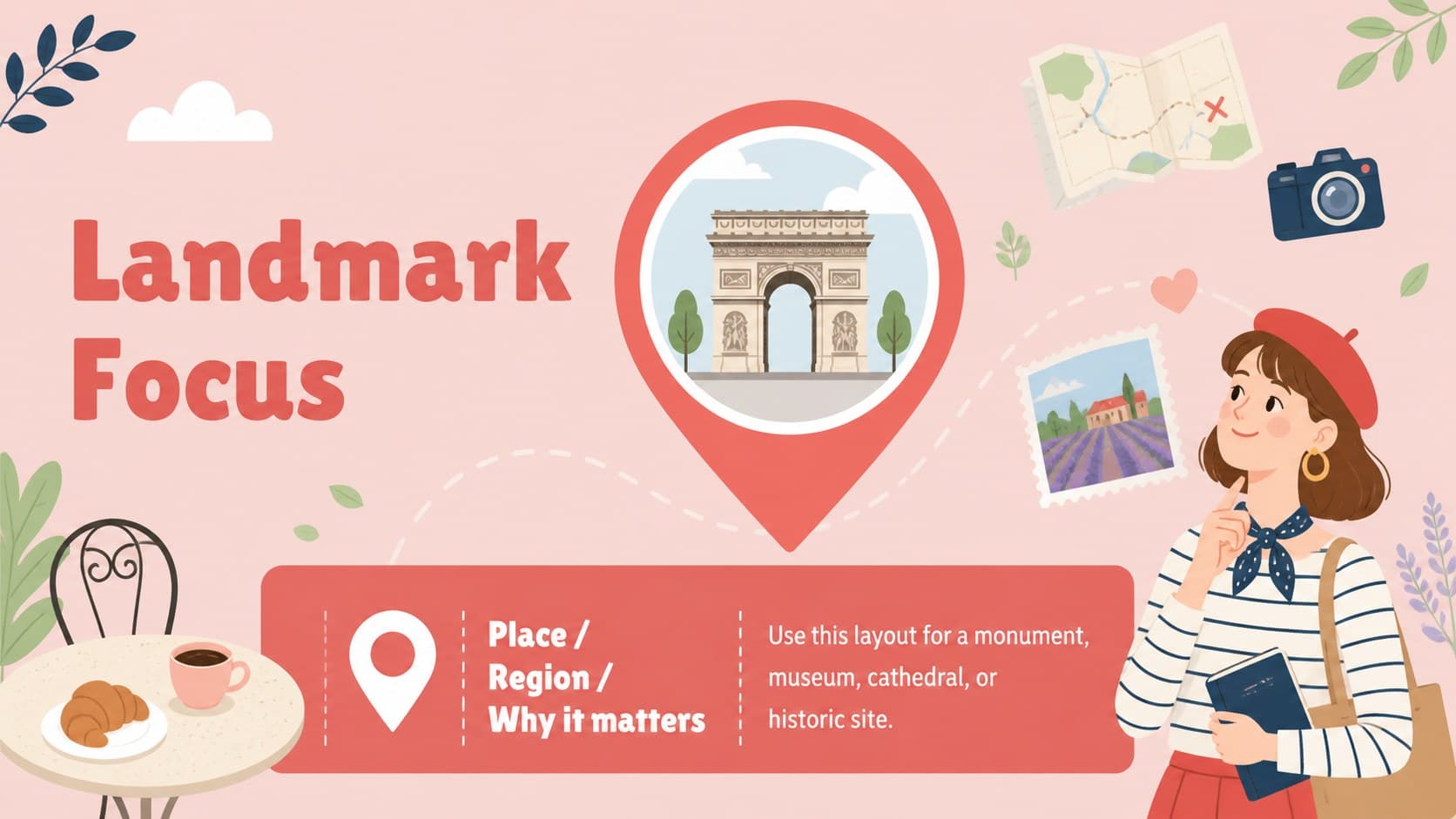 Landmark feature slide with an illustrated French monument, description panel, and location marker.