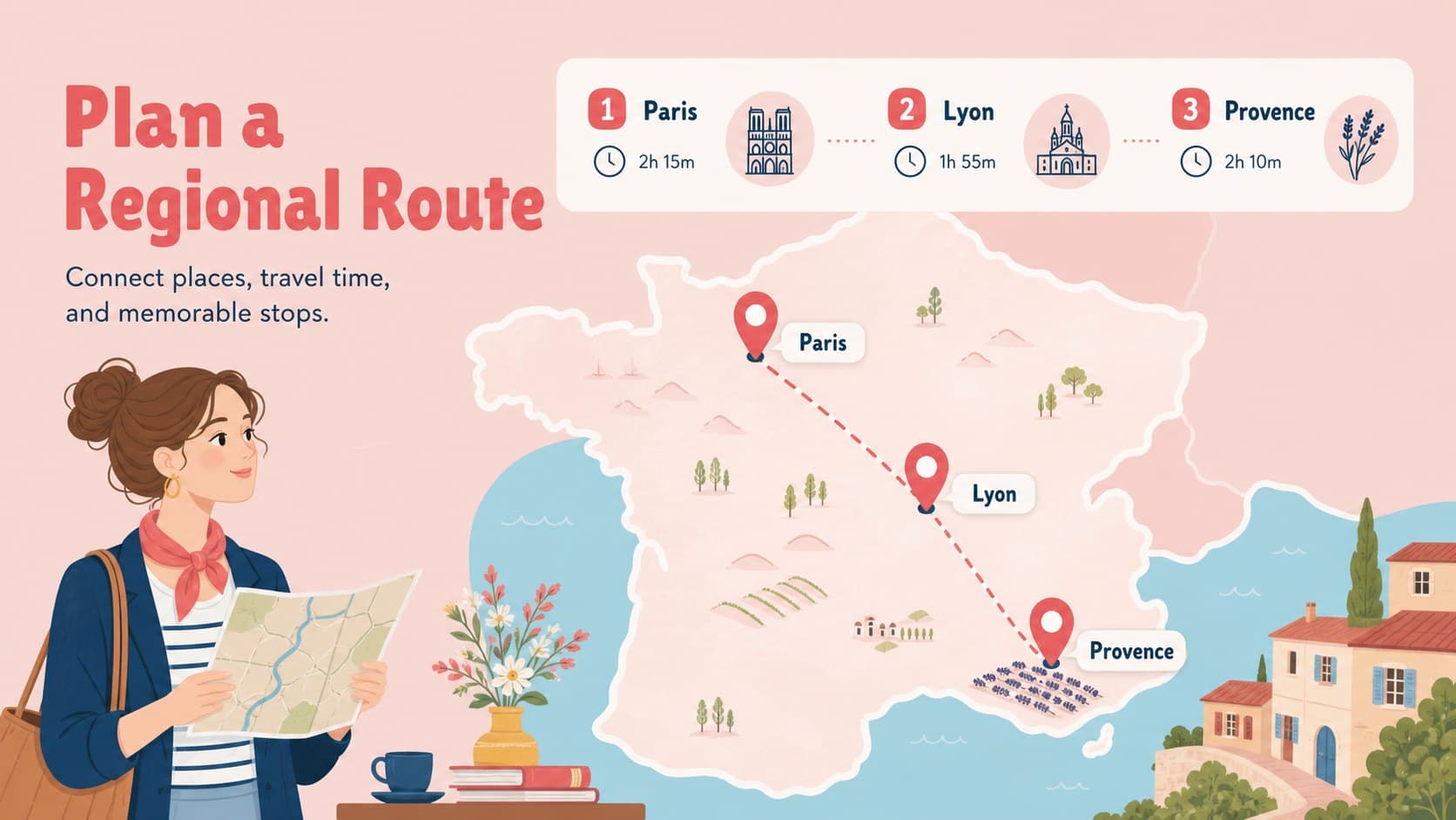 Travel route slide mapping a sample journey between French cities and regions.