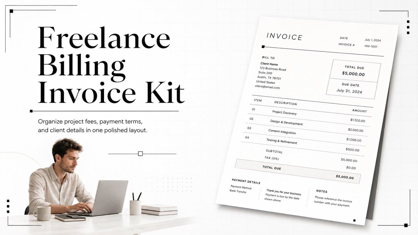 Freelance billing invoice kit cover with a clean white invoice preview and minimalist geometric accents.