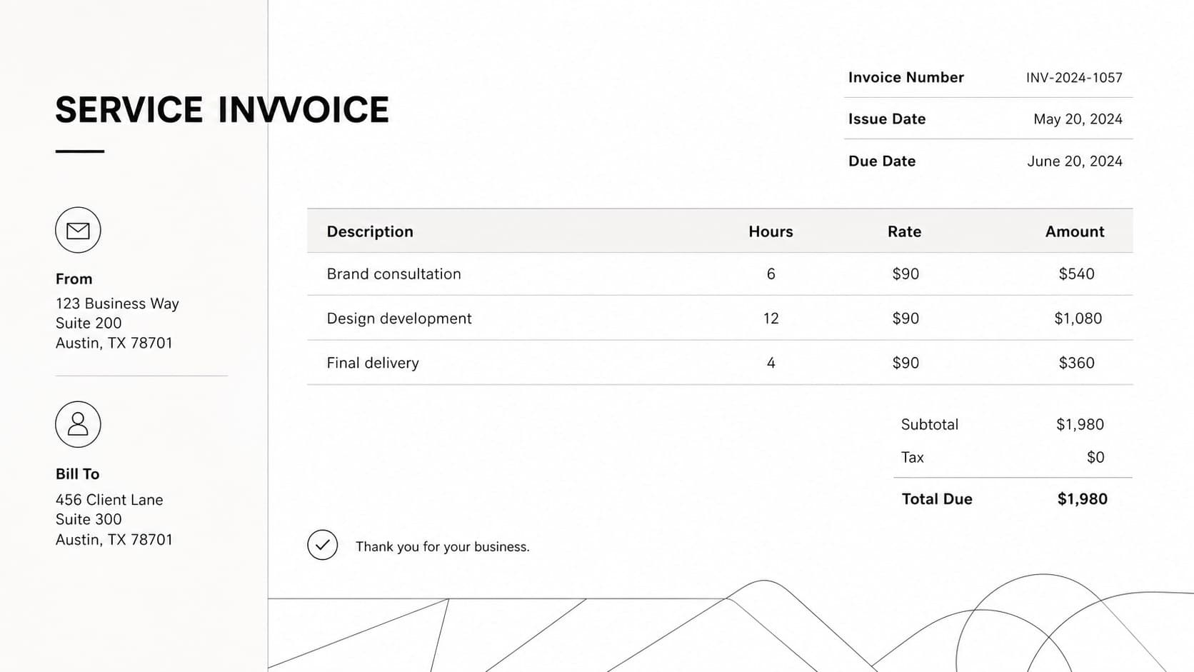 Minimal white independent contractor invoice layout showing itemized freelance services, rates, and totals.