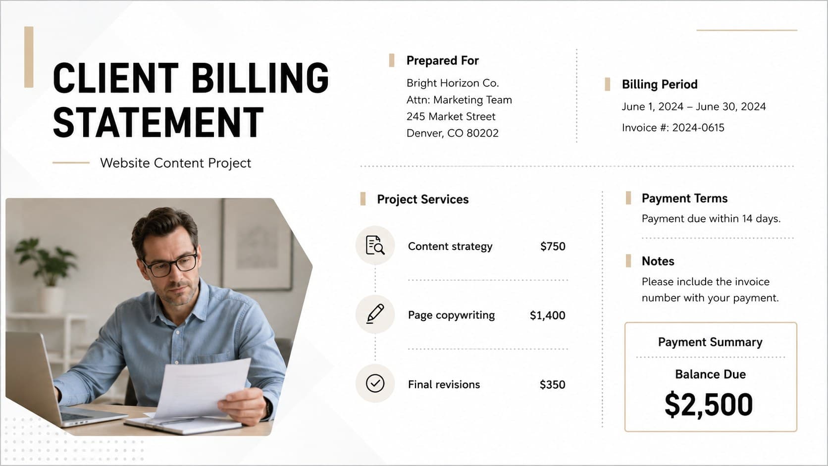 Professional client billing statement slide with project charges, payment terms, and a prominent balance due.