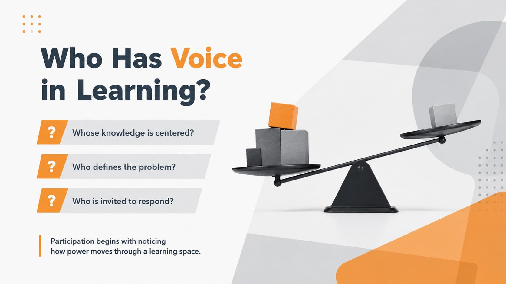 Educational philosophy slide exploring how voice and power affect participation in learning.