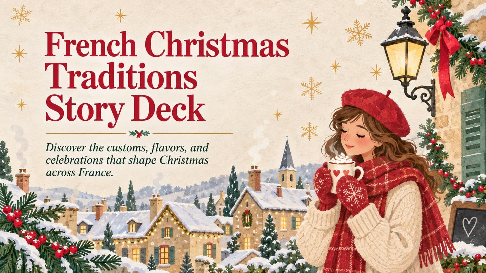 Cover of the French Christmas traditions story deck with warm beige holiday illustrations inspired by France.