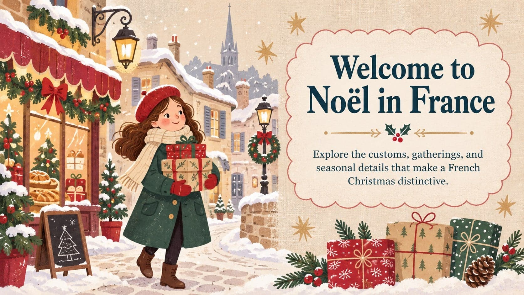 Illustrated introduction slide welcoming viewers to Noël and French Christmas traditions.