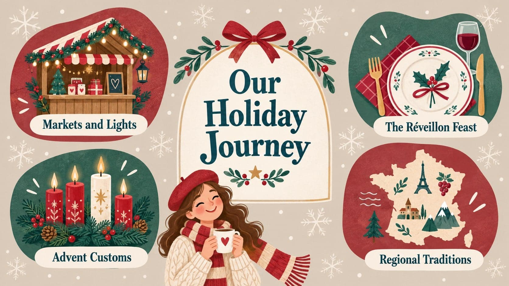 Agenda slide outlining food, markets, family customs, and regional French Christmas traditions.