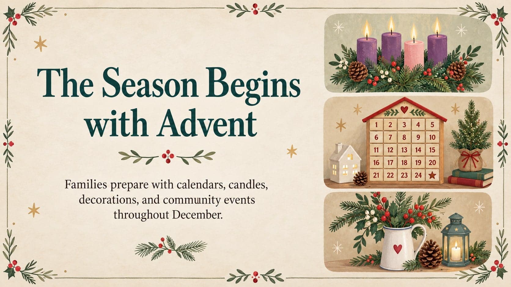 Warm beige Advent customs slide featuring candles, calendars, greenery, and French holiday traditions.