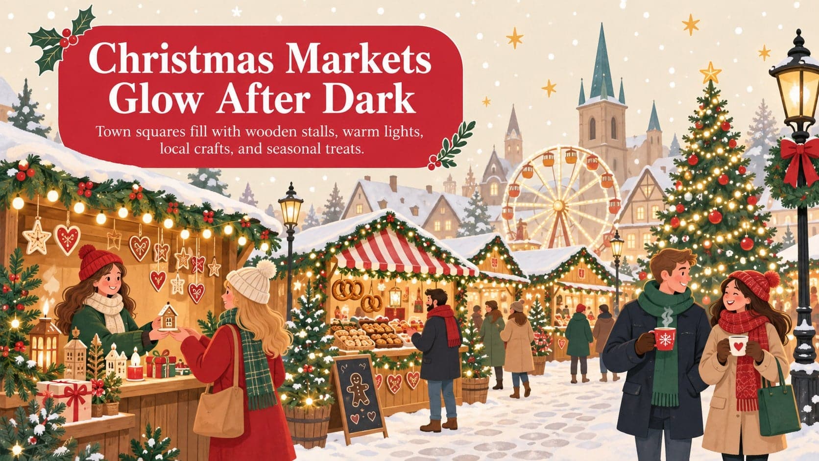 French Christmas market presentation slide with illustrated stalls, lights, gifts, and seasonal treats.