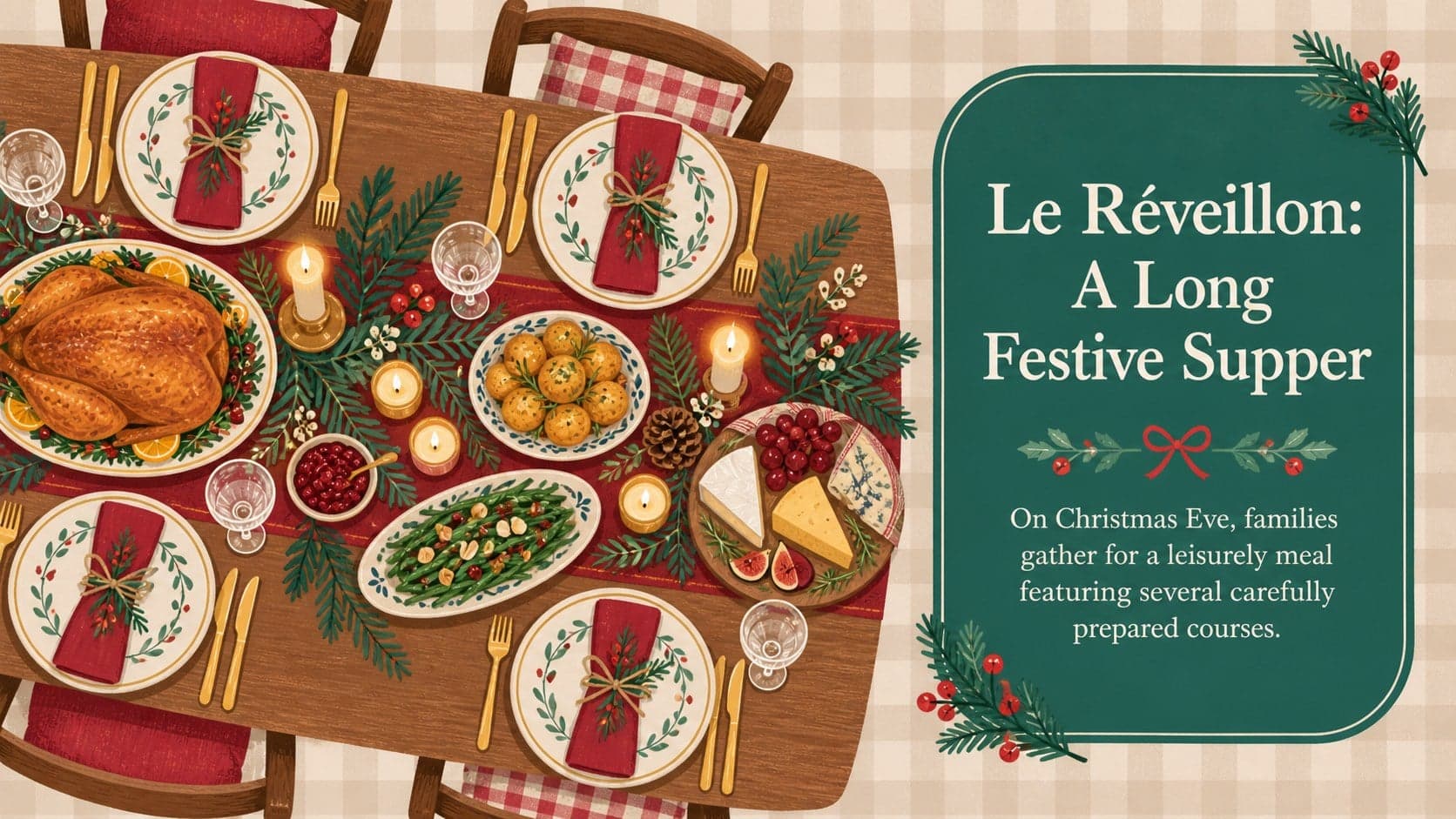Réveillon dinner slide presenting the French Christmas Eve feast in an illustrated beige layout.