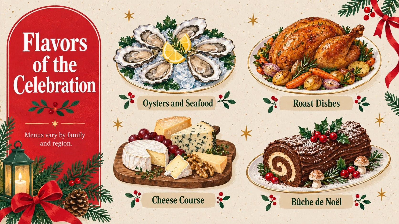 French Christmas food presentation featuring illustrated oysters, cheese, cake, and festive tableware.
