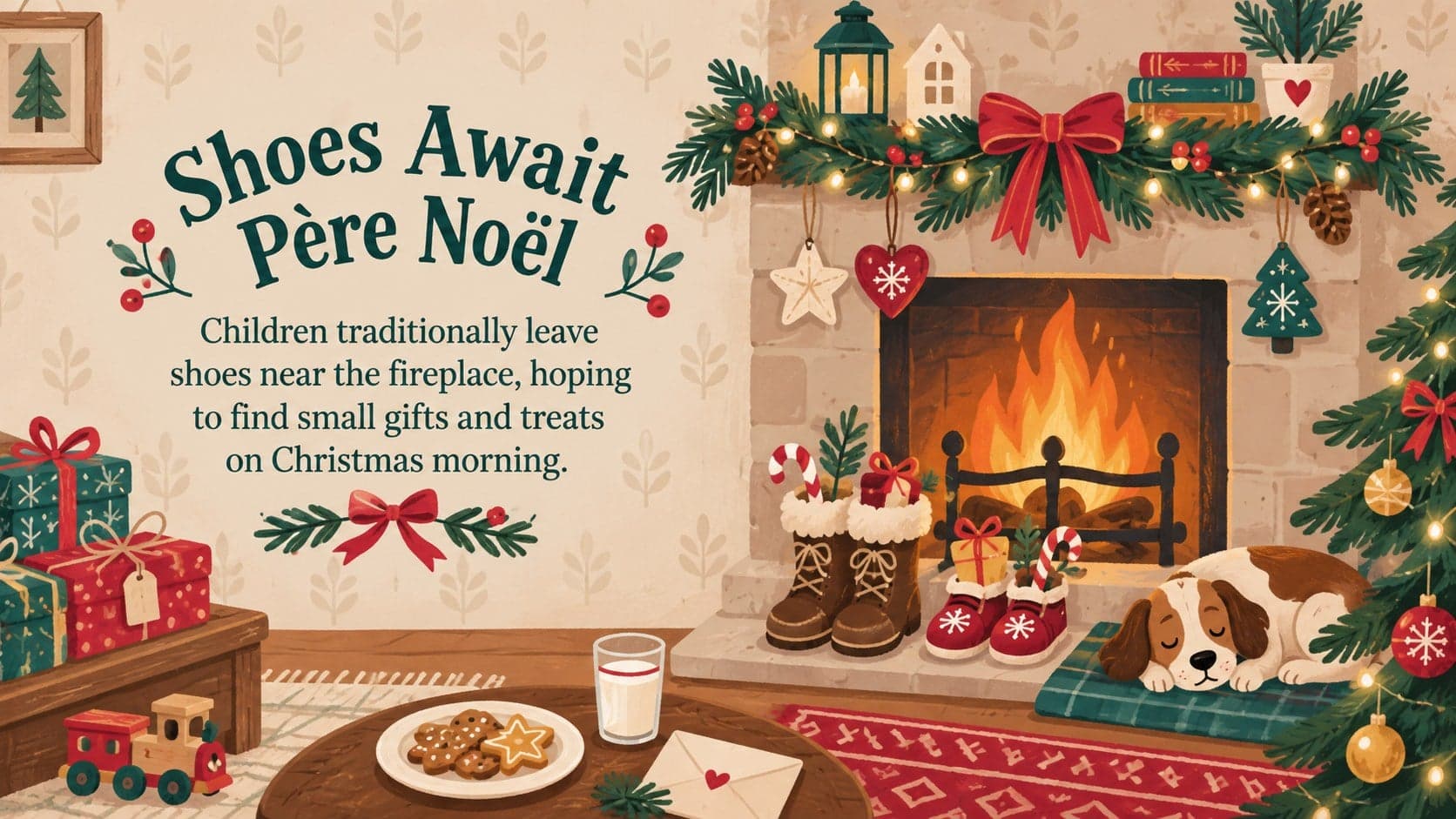 Kid-friendly slide explaining Père Noël and the French custom of leaving shoes by the fireplace.