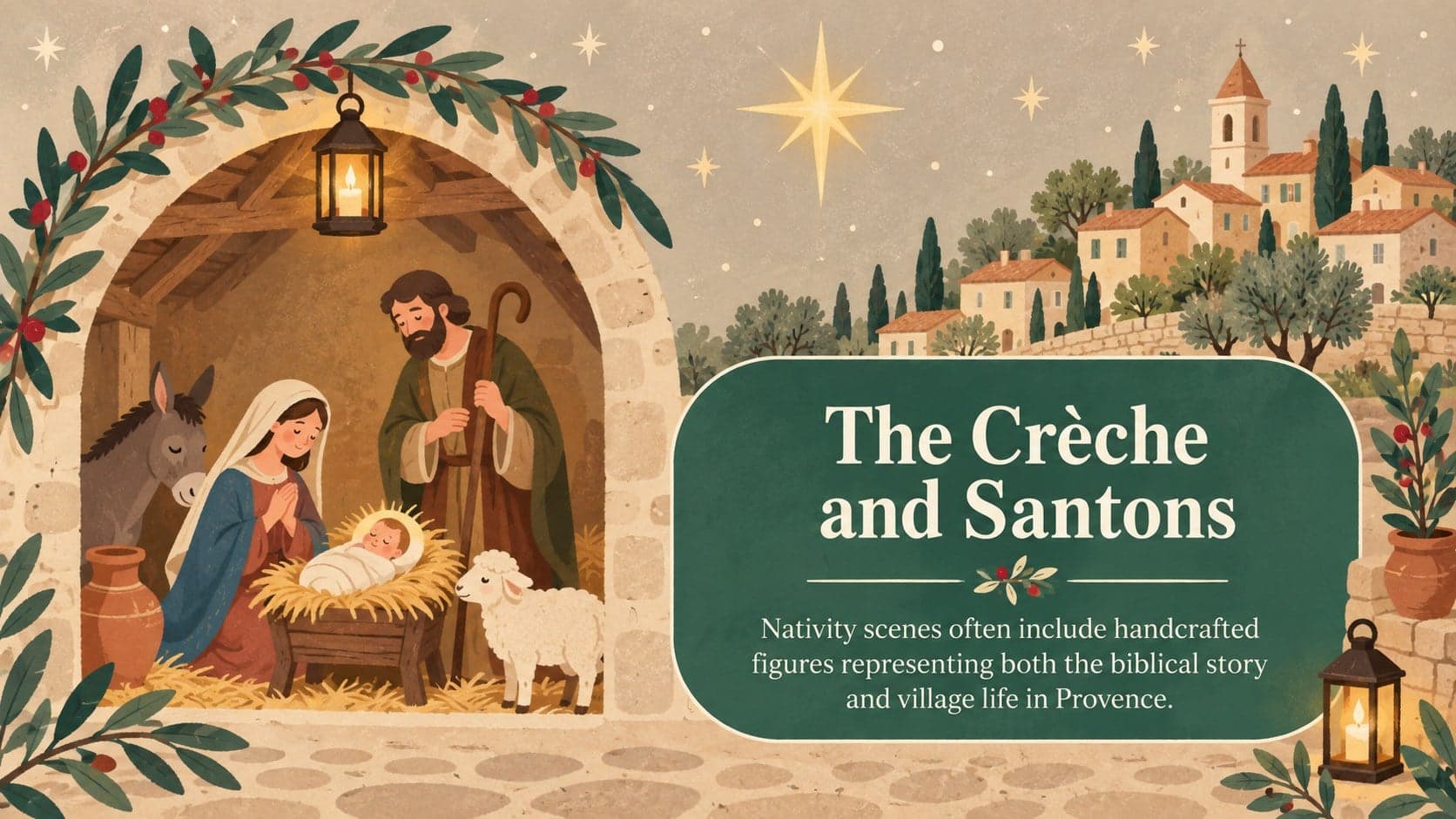 French nativity tradition slide with an original illustrated crèche and Provençal santons.