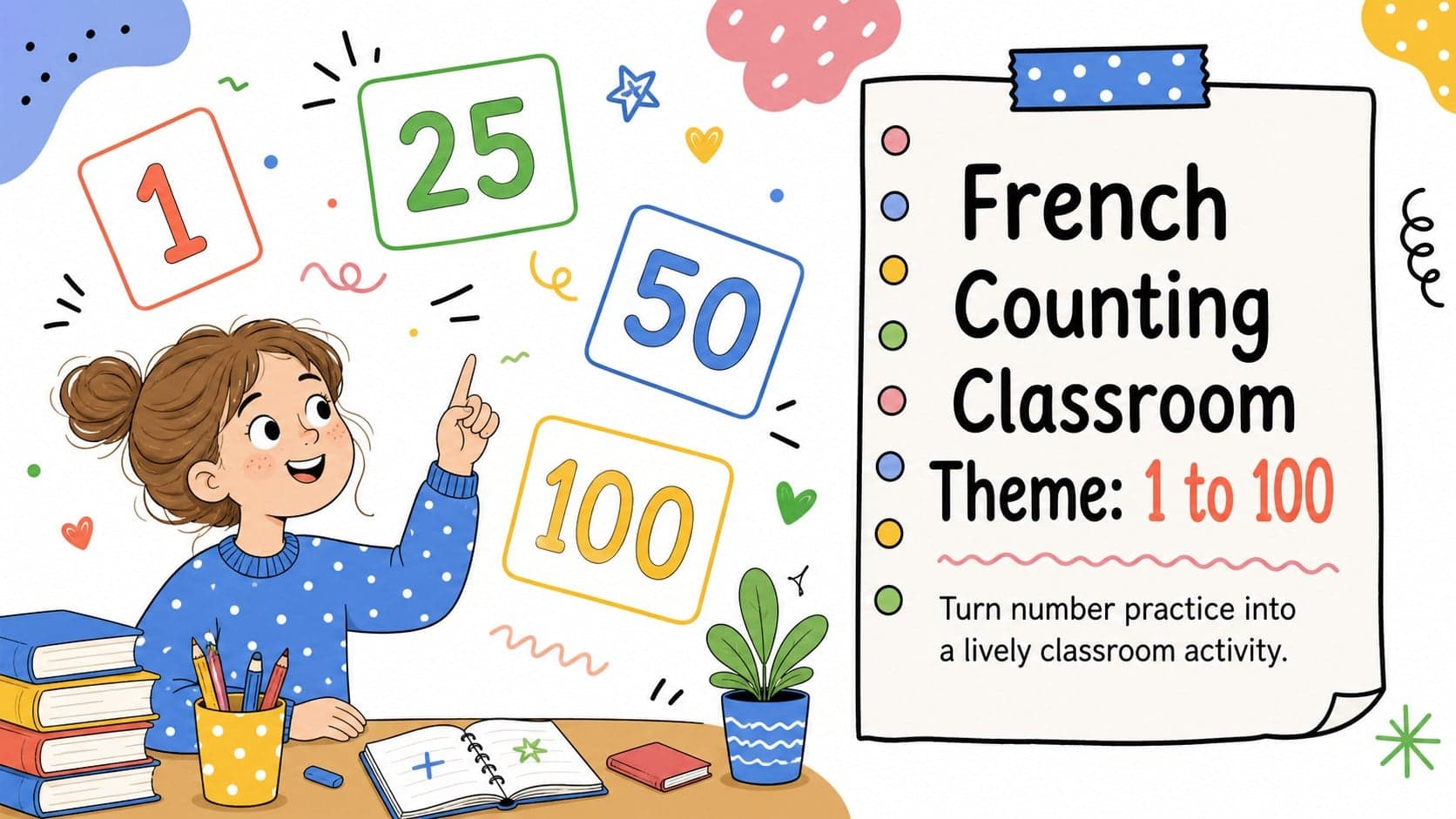 Cover slide for a French counting classroom theme with colorful illustrated number-learning graphics.