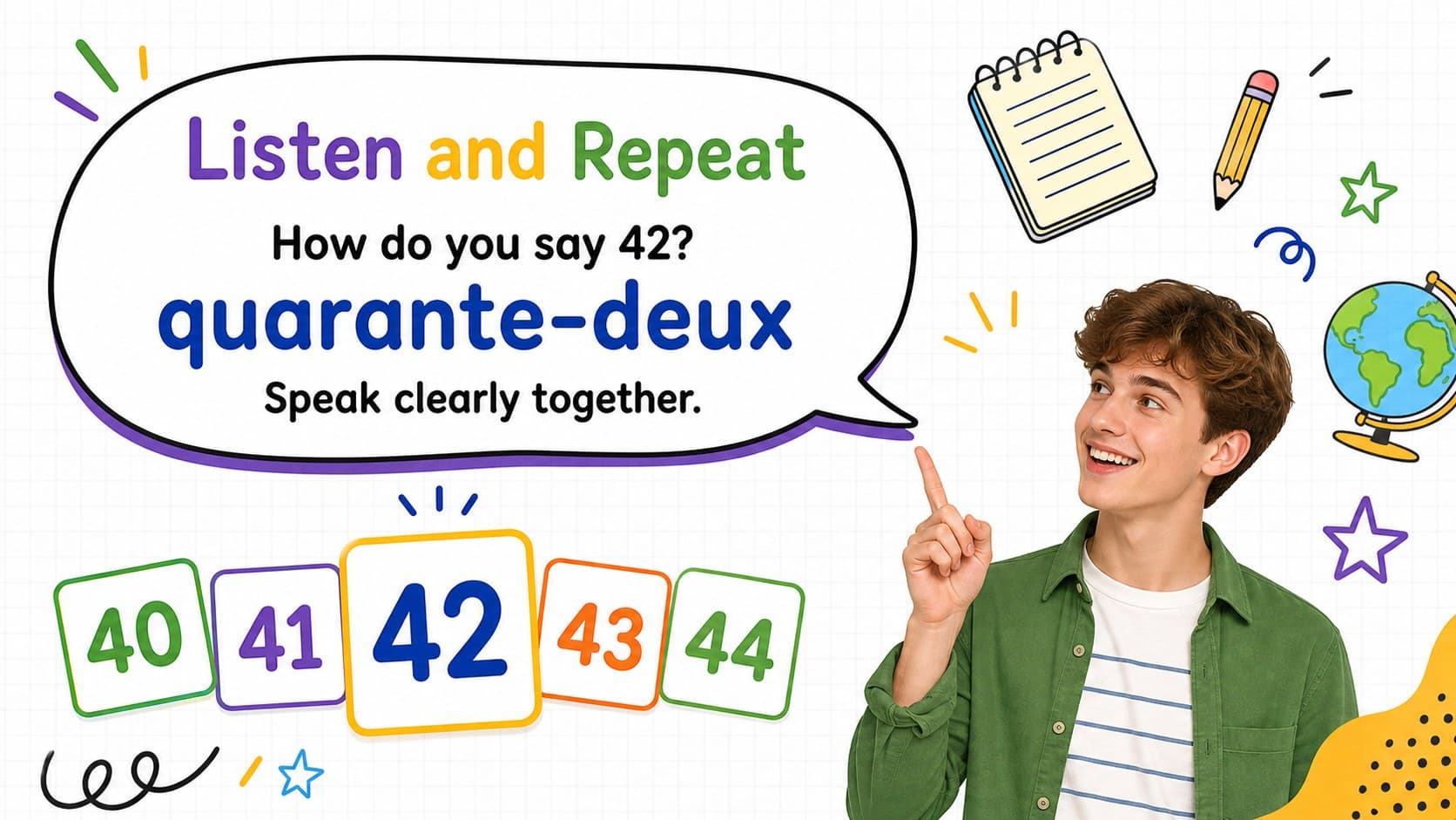 French number pronunciation slide with a clear repeat-after-me speaking activity.