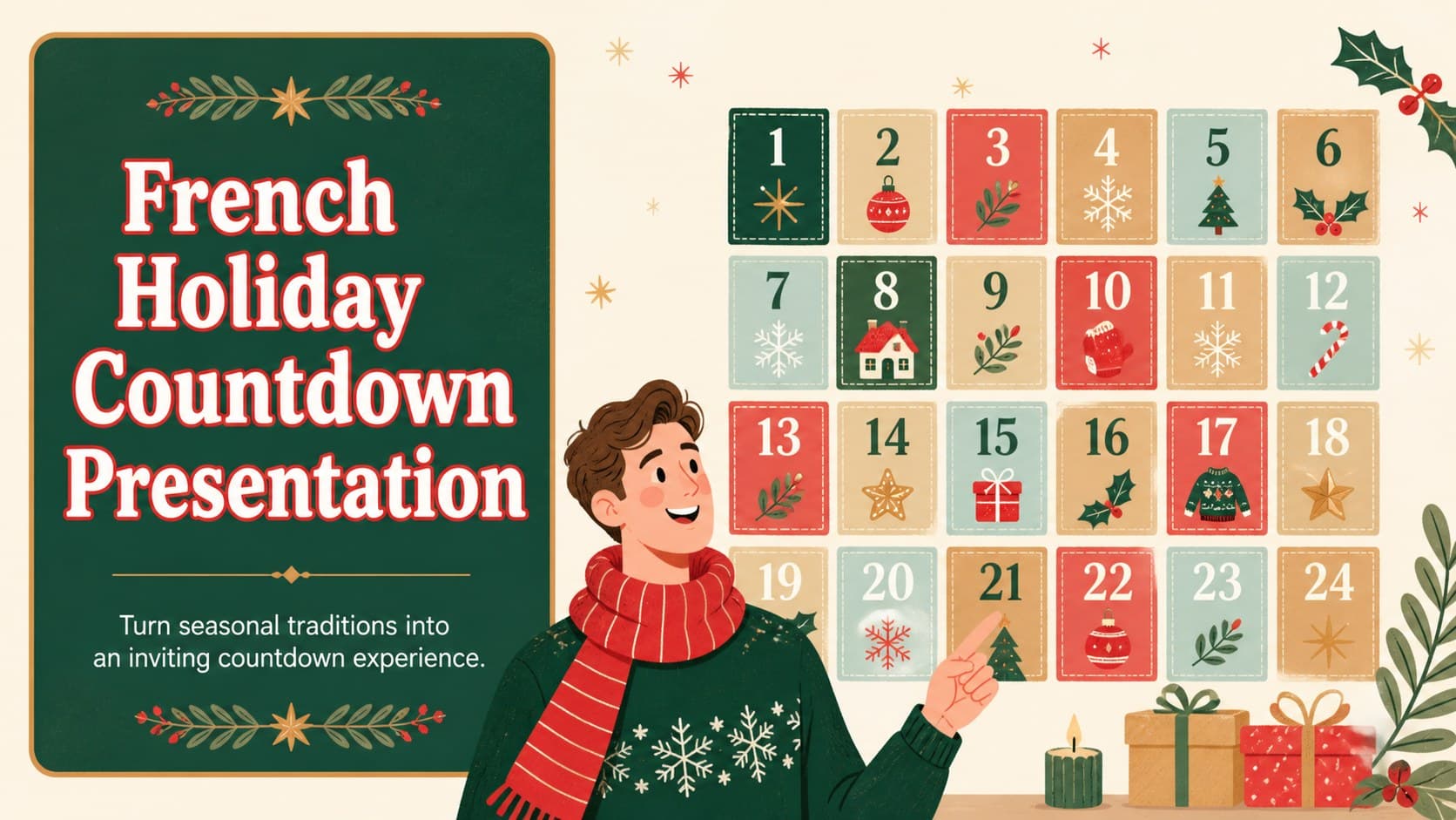 Cover slide for a French holiday countdown presentation with festive beige and green illustrations.