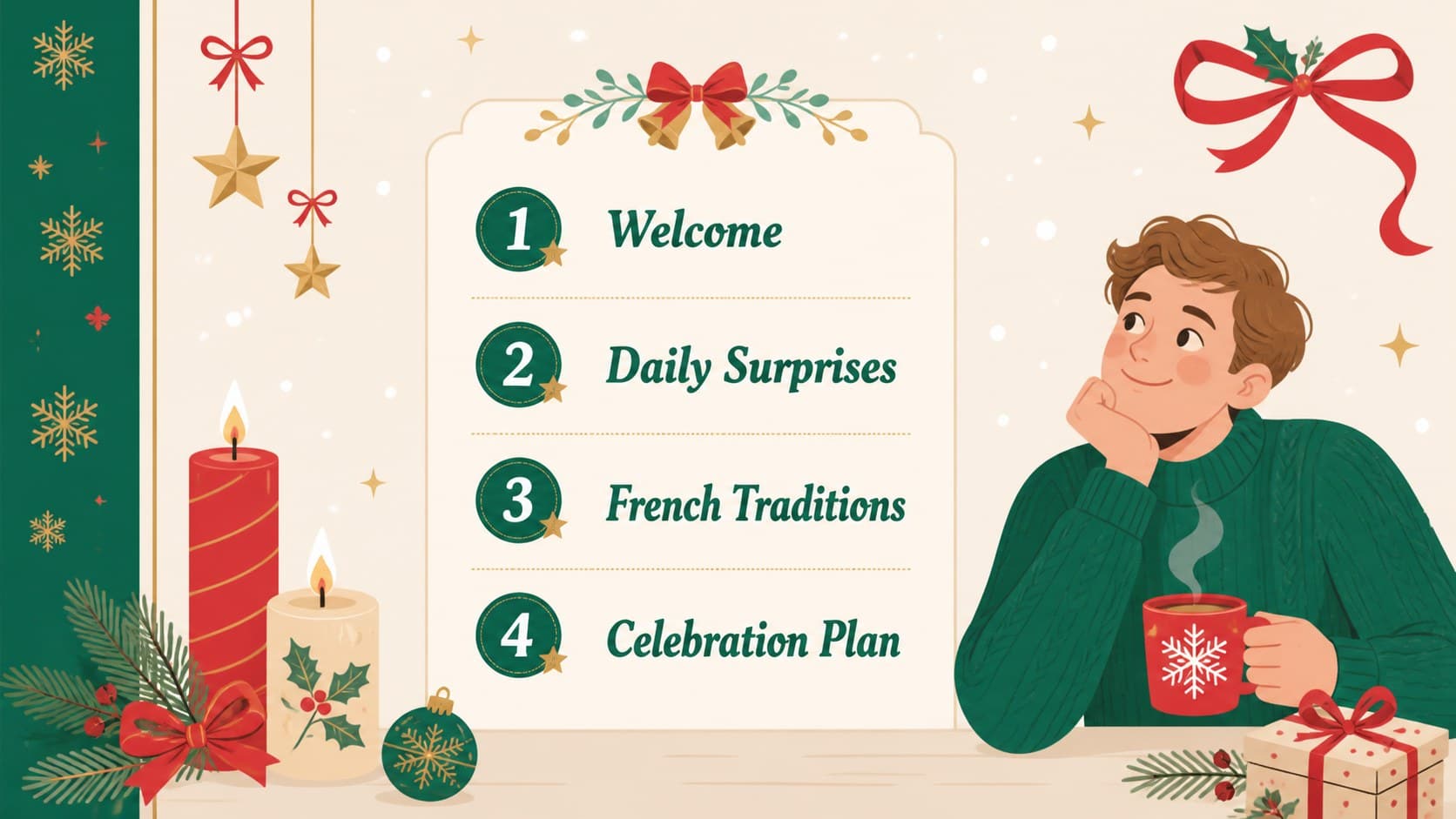 Agenda slide outlining sections of a French Christmas countdown slideshow.