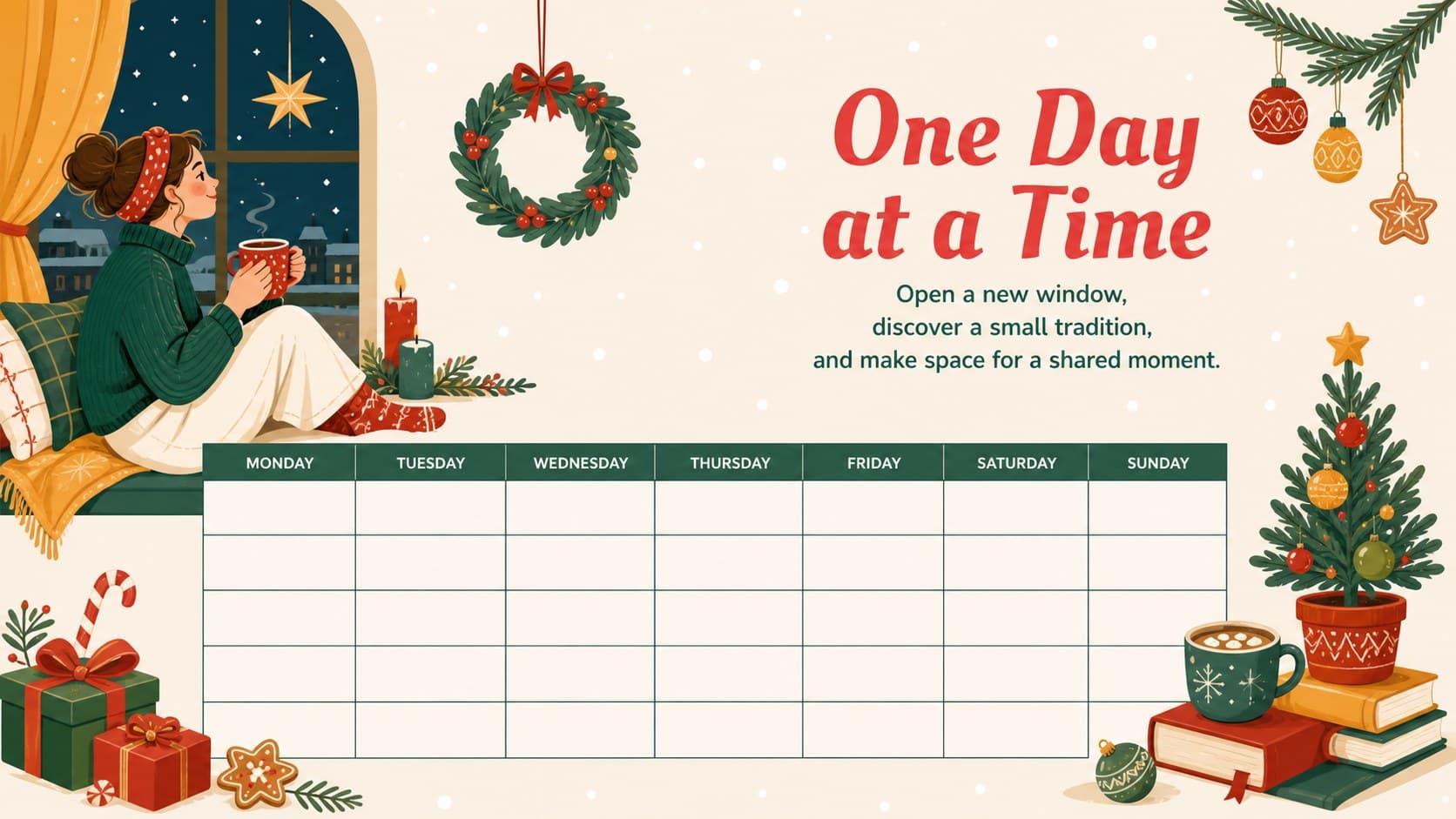 French holiday countdown slide showing a decorated calendar and daily activity ideas.