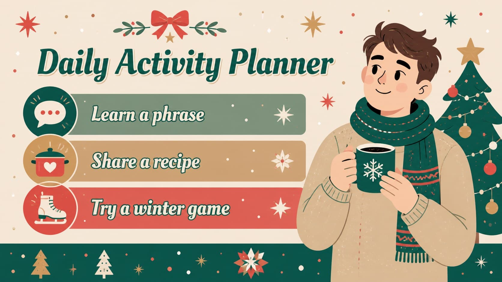 Holiday activity planner slide for an advent calendar classroom slideshow.