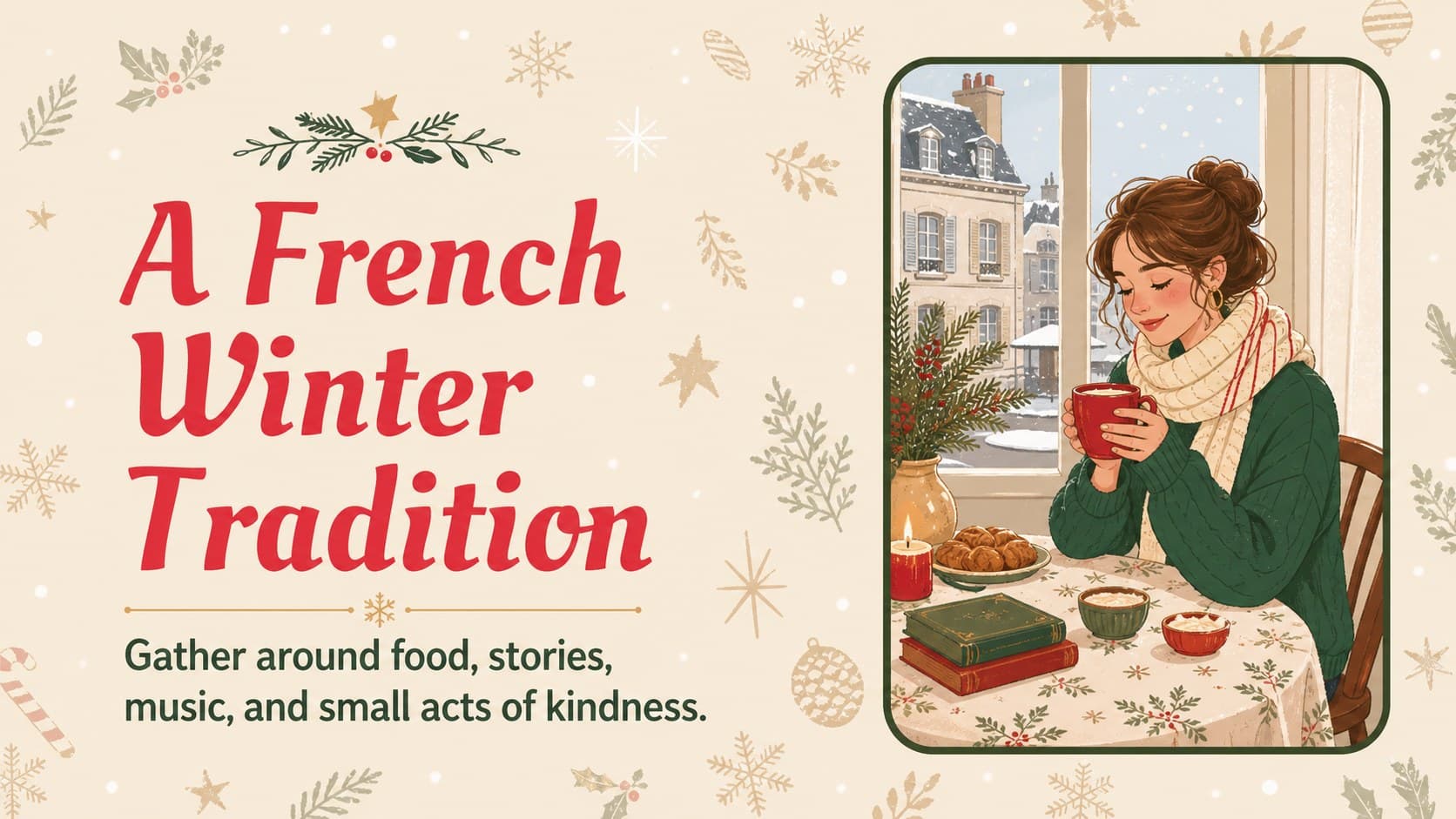 French Christmas tradition slide with illustrated cultural notes and winter decorations.