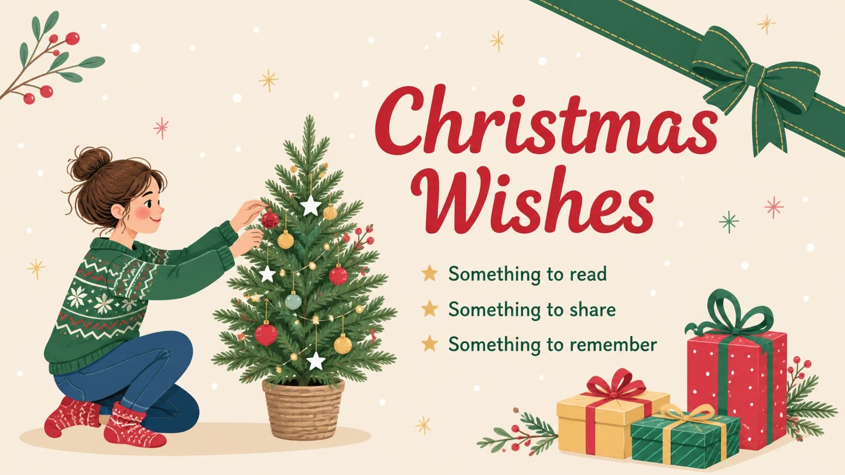Christmas wishes slide featuring editable gift ideas and a festive illustrated border.
