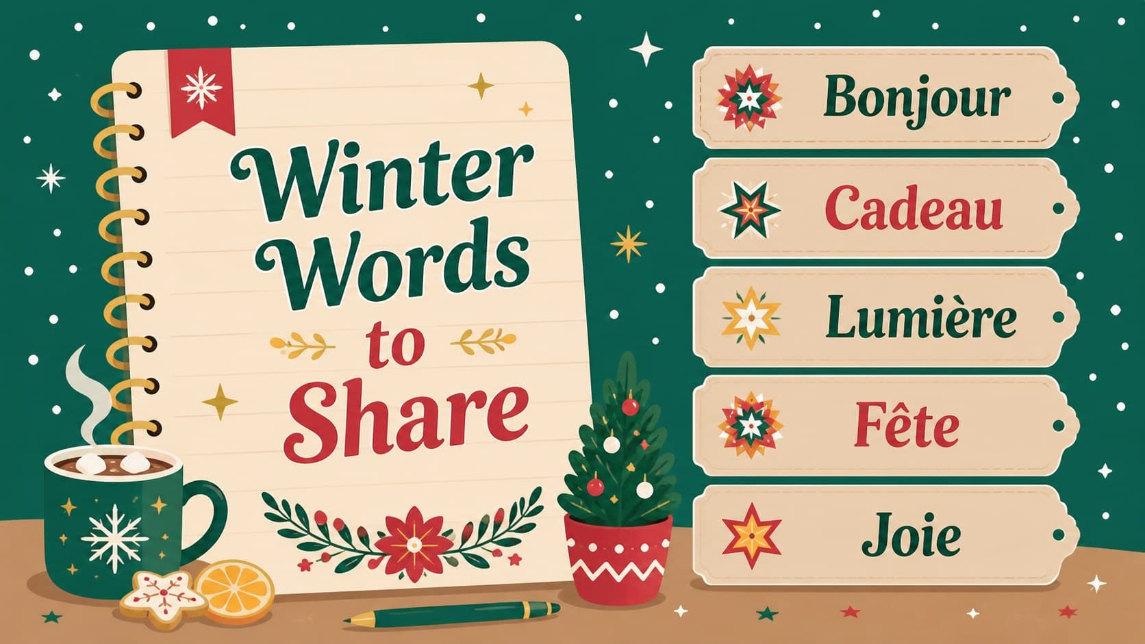 French holiday vocabulary slide for a Christmas traditions presentation.