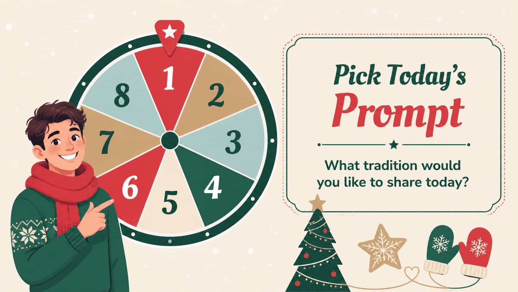 Interactive advent calendar slide with numbered prompts for a holiday activity planner.