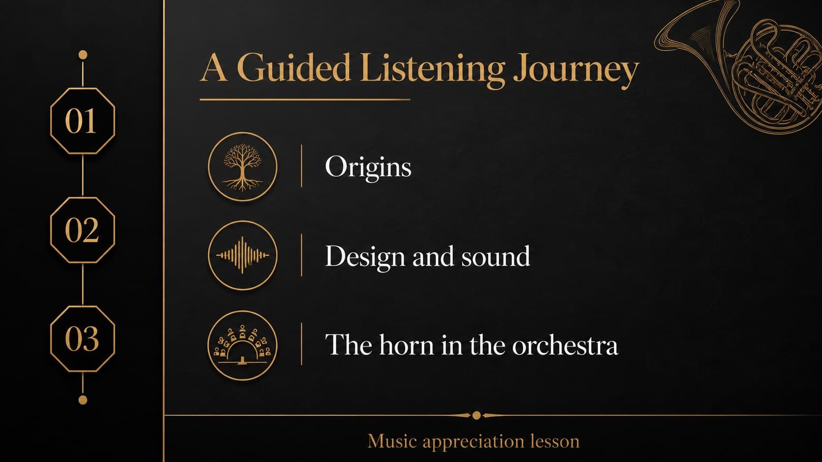 Black French horn lesson slide showing learning objectives and an orchestral instrument overview.
