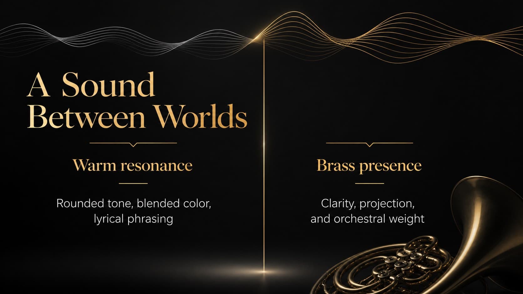 Classical music classroom deck slide comparing the French horn’s warm, resonant tone with other brass instruments.