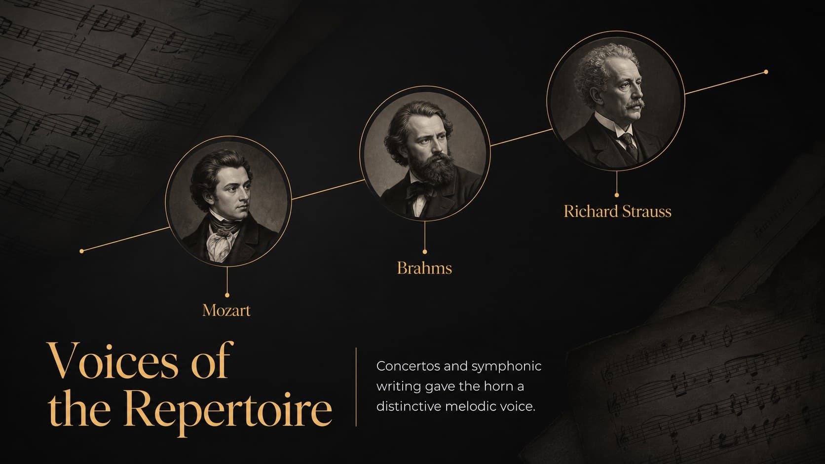 Black orchestral instrument slideshow highlighting composers and repertoire written for French horn.