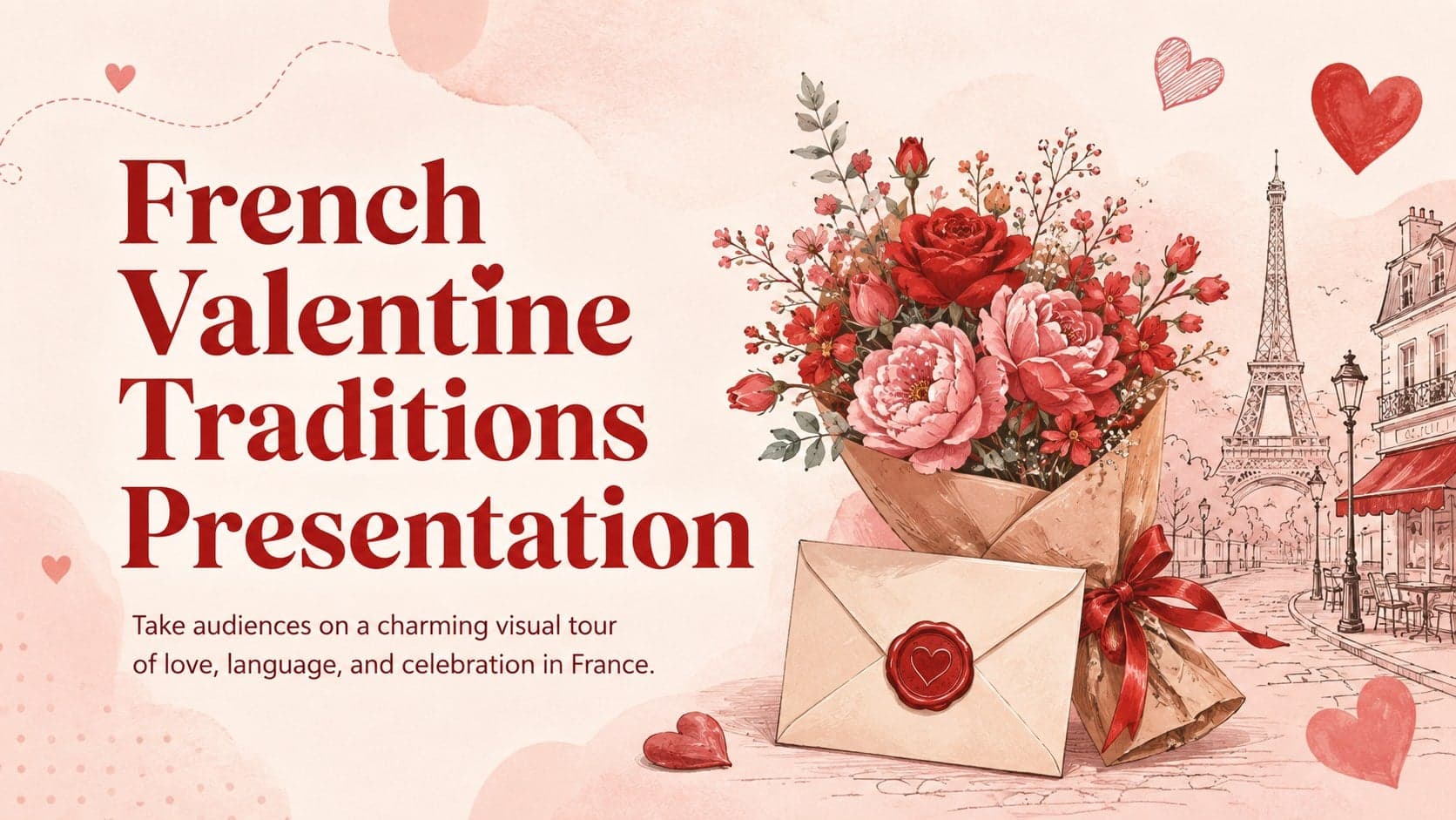 Cover of a French Valentine traditions presentation with red hearts, flowers, and playful Parisian illustrations.