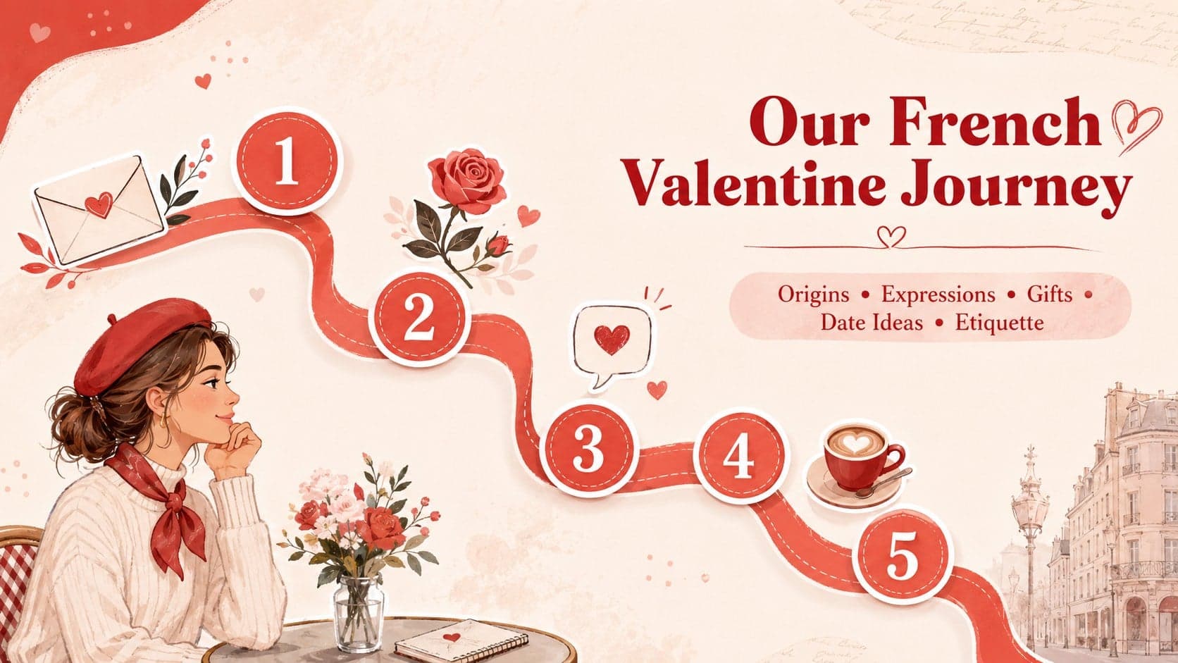 Illustrated agenda for a French Valentine culture lesson featuring five topics in a red visual theme.