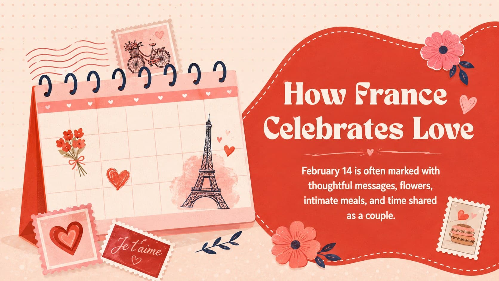 French Valentine traditions slide explaining the holiday's romantic customs with hearts and a calendar illustration.