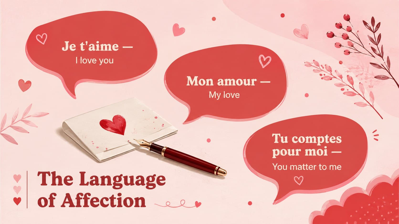 French language slide presenting affectionate phrases for a Valentine's Day classroom activity.