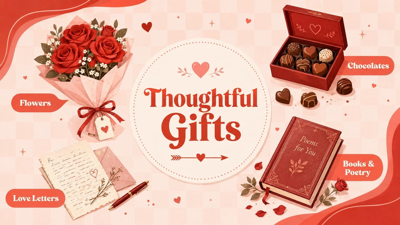 Red illustrated slide showing flowers, chocolates, letters, and books as popular French Valentine gifts.