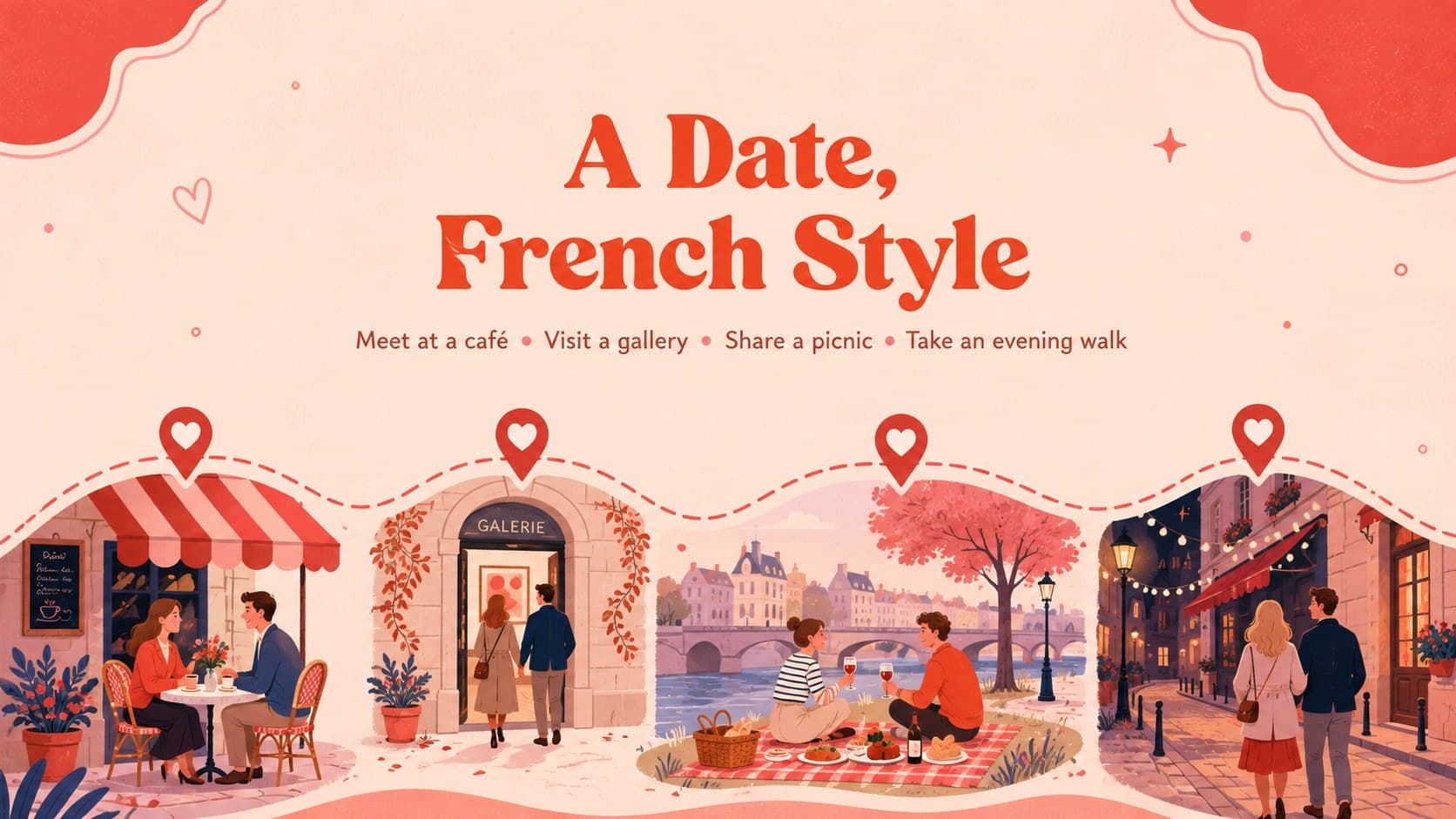 French romance event slideshow page with illustrated date ideas including a café, museum, picnic, and evening walk.