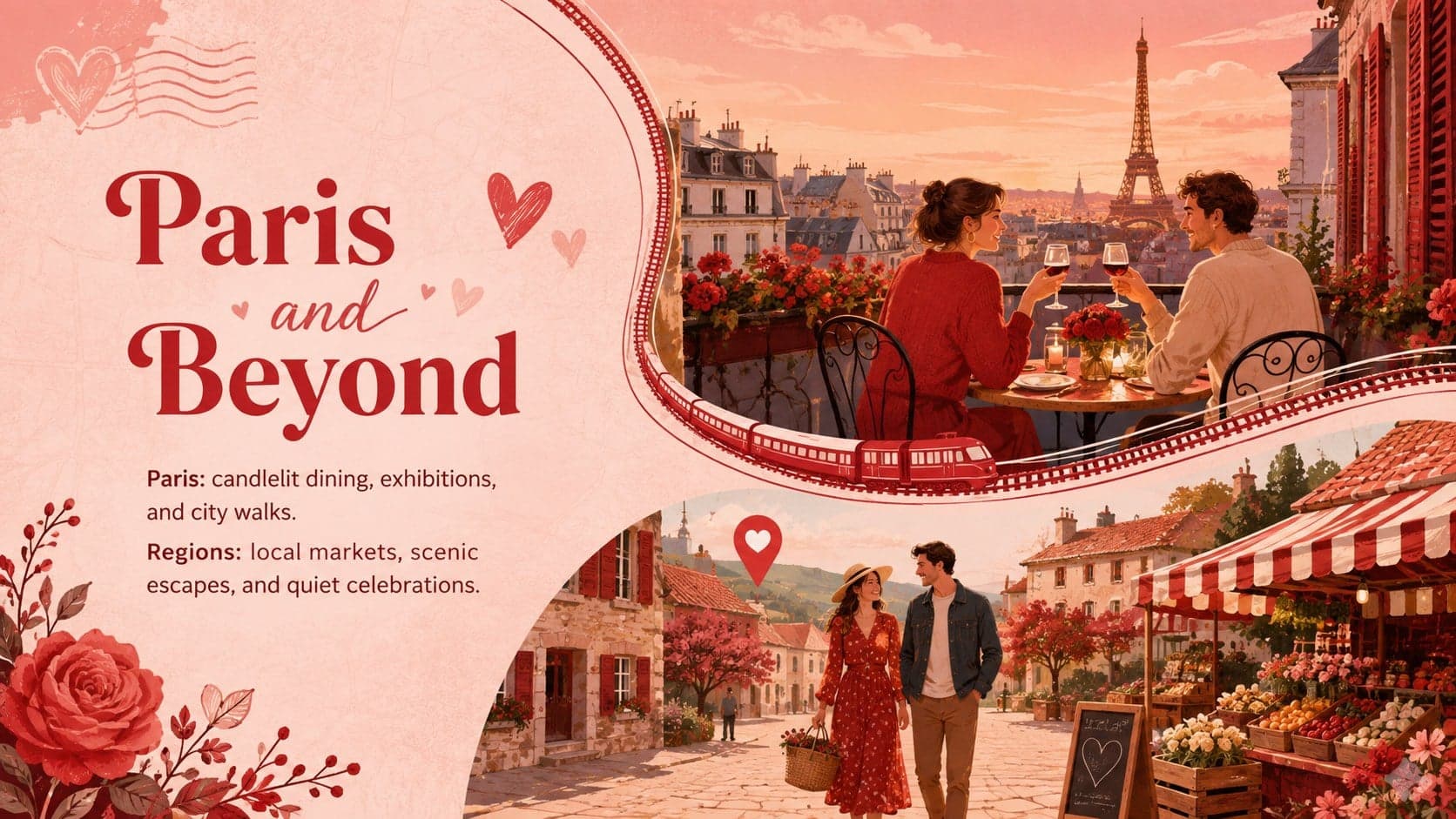 France Valentine customs comparison slide contrasting Paris celebrations with regional experiences.