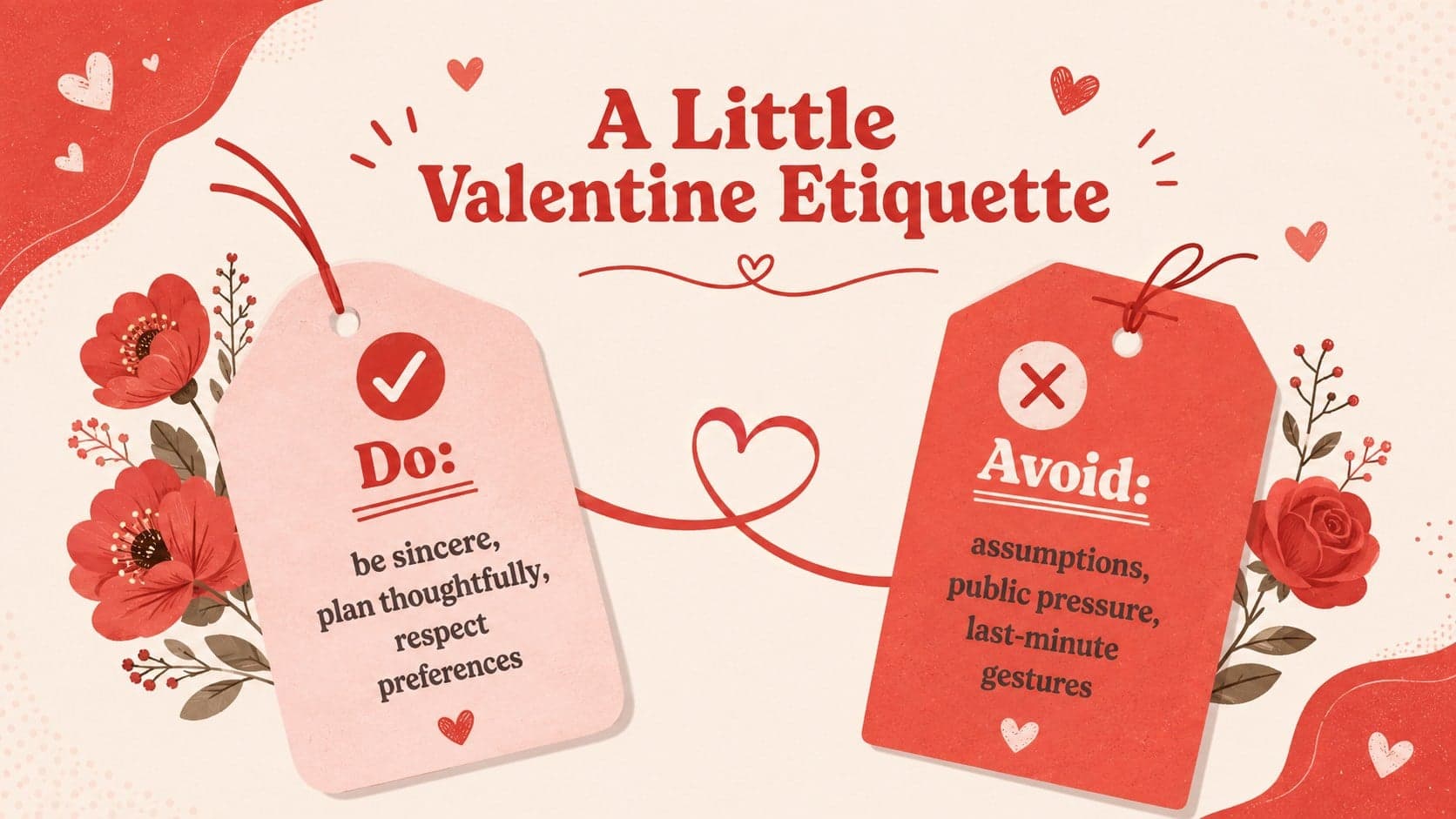 French Valentine etiquette slide with practical do and avoid guidance in a playful red illustrated layout.