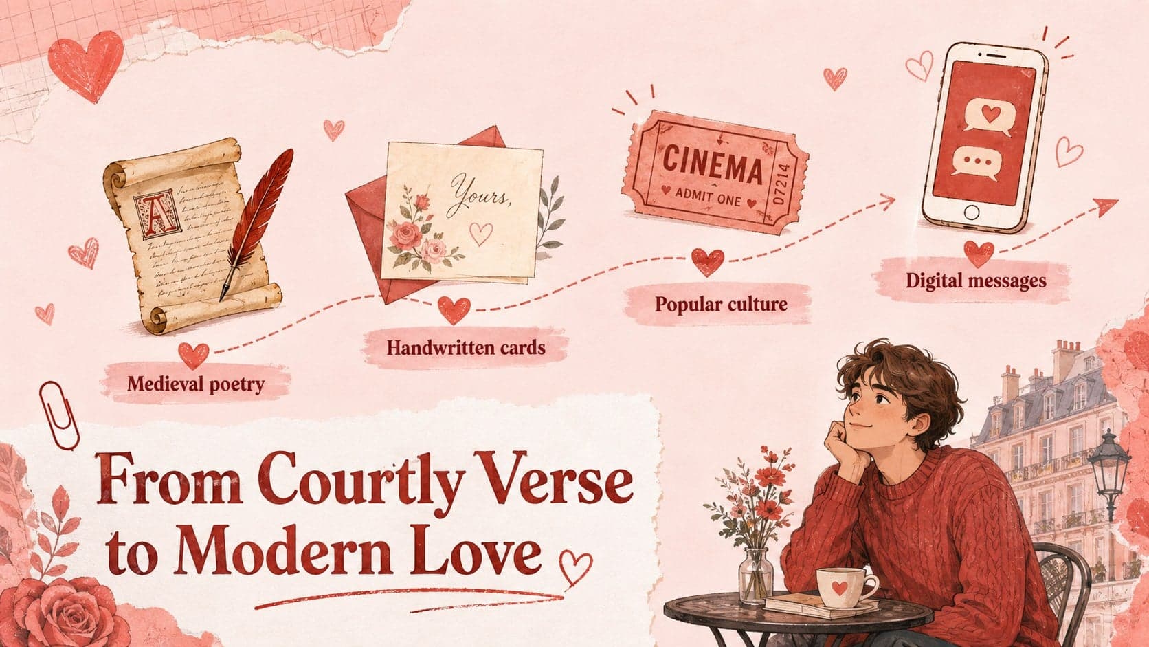 Timeline slide tracing French Valentine traditions from medieval poetry to modern celebrations.