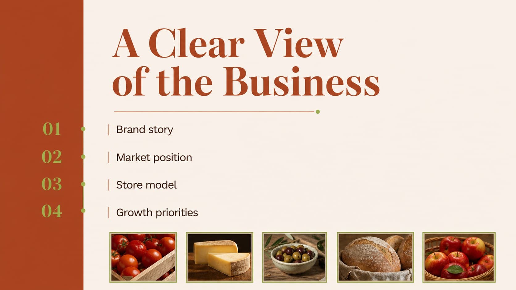 Agenda slide outlining the sections of a supermarket business profile presentation.