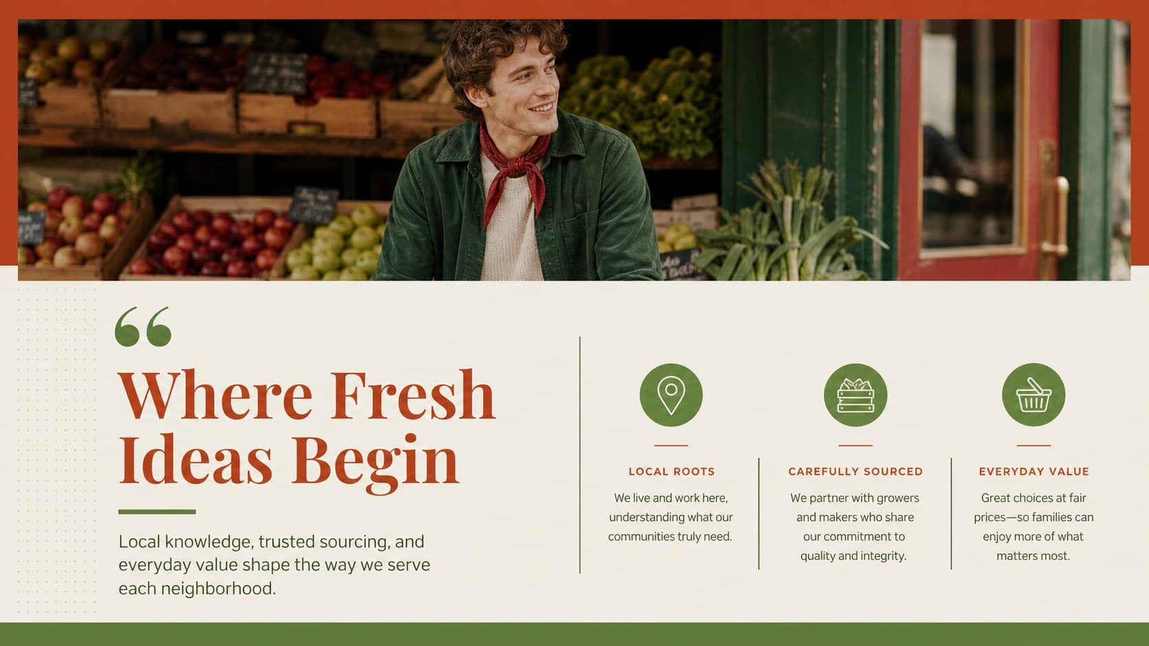 Grocery brand story slide presenting the origins and purpose of a food retail company.