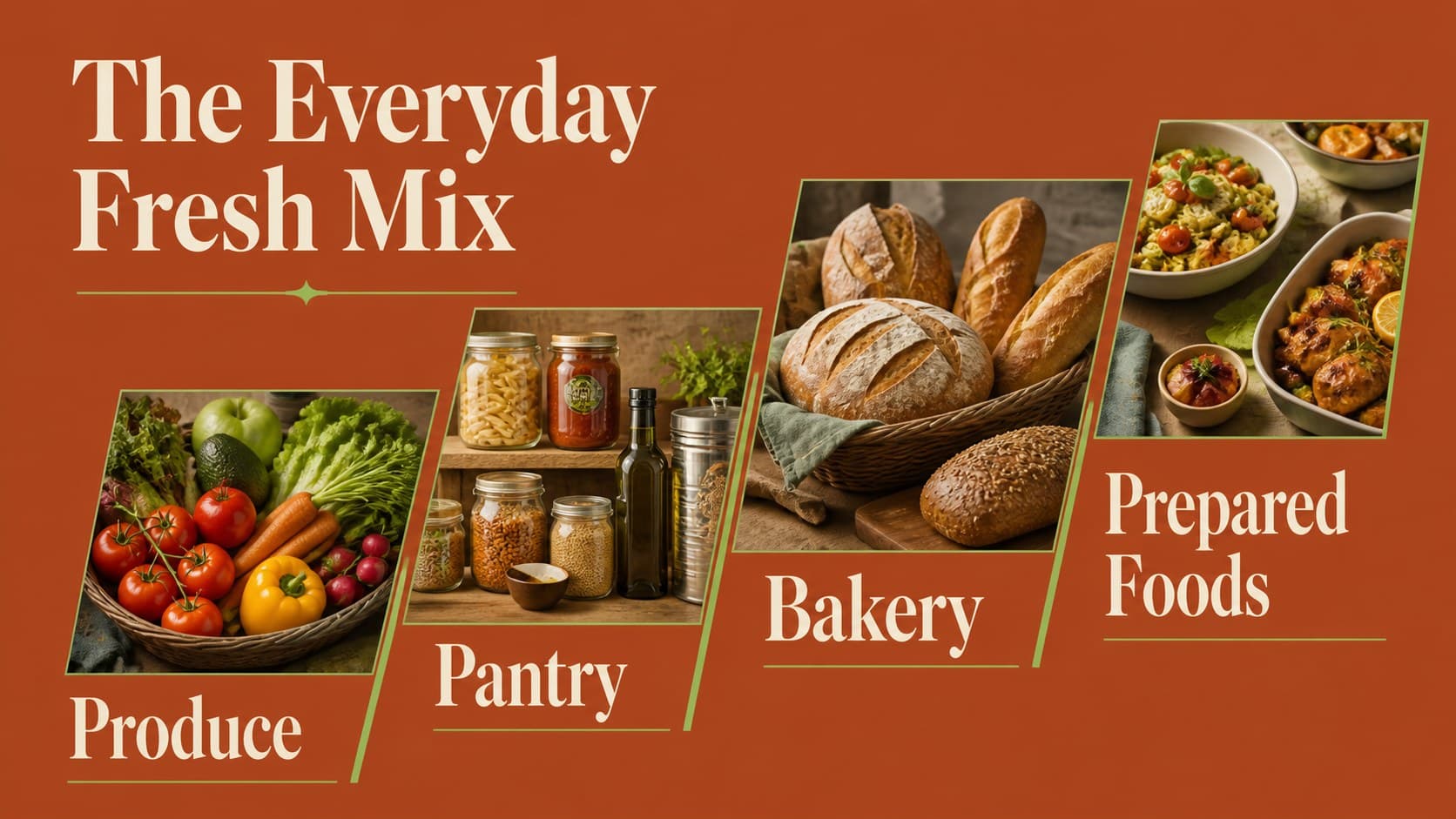 Product category slide organizing fresh food departments for a supermarket presentation.