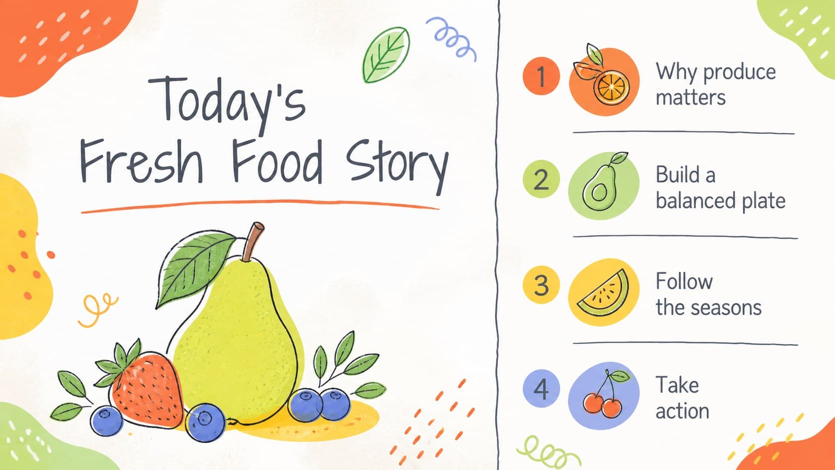 Agenda slide outlining a colorful produce and wellness presentation.